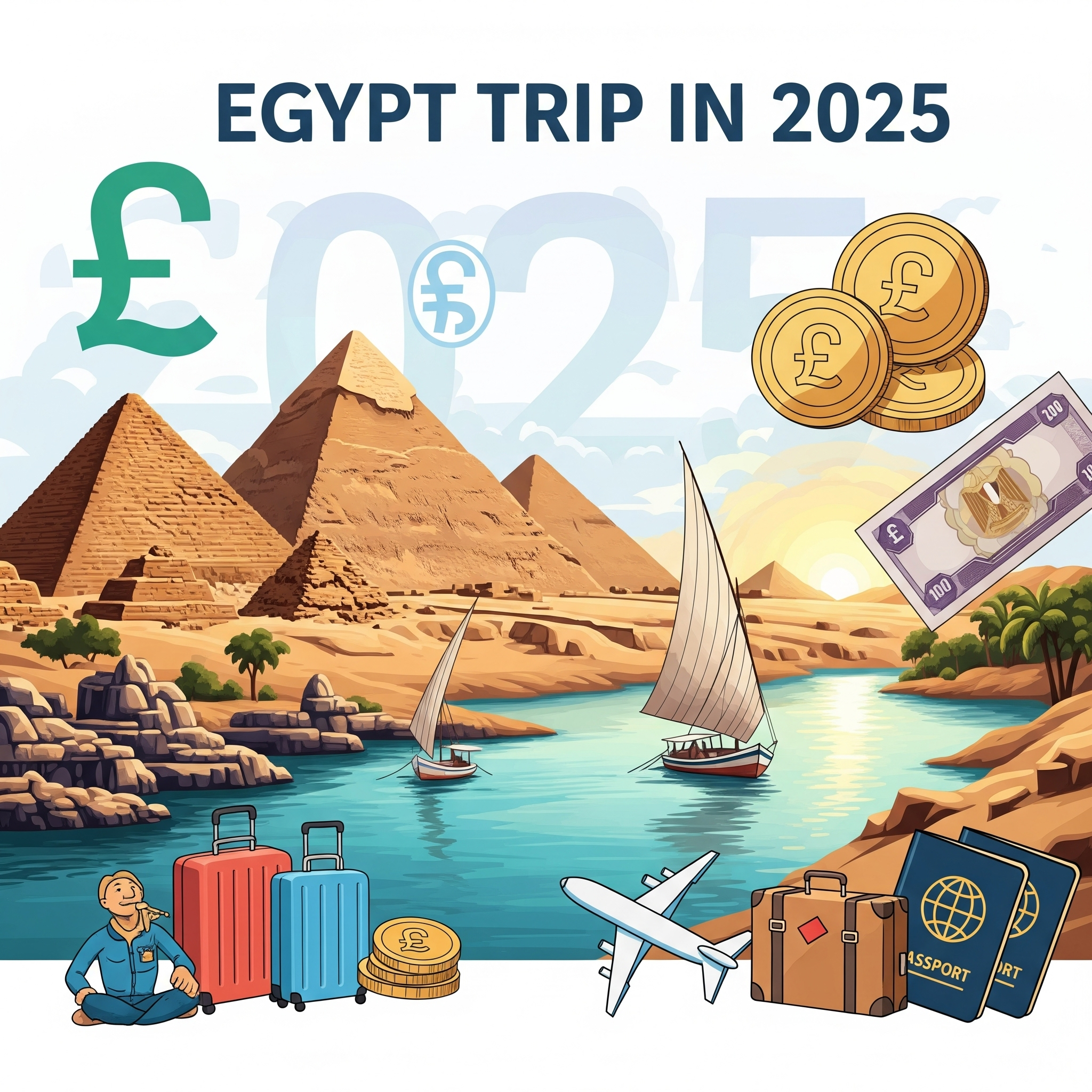 Panoramic view of the Grand Egyptian Museum (GEM) with the Giza Pyramids in the background, symbolizing the trip to Egypt cost 2025 and the comprehensive travel experience.