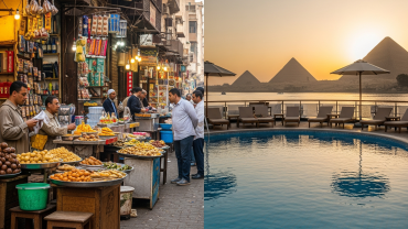 Contrasting image showing a lively Egyptian market (budget travel) on one side and a luxurious Nile cruise or hotel (luxury travel) on the other, illustrating Budget vs Luxury Egypt Travel experiences.