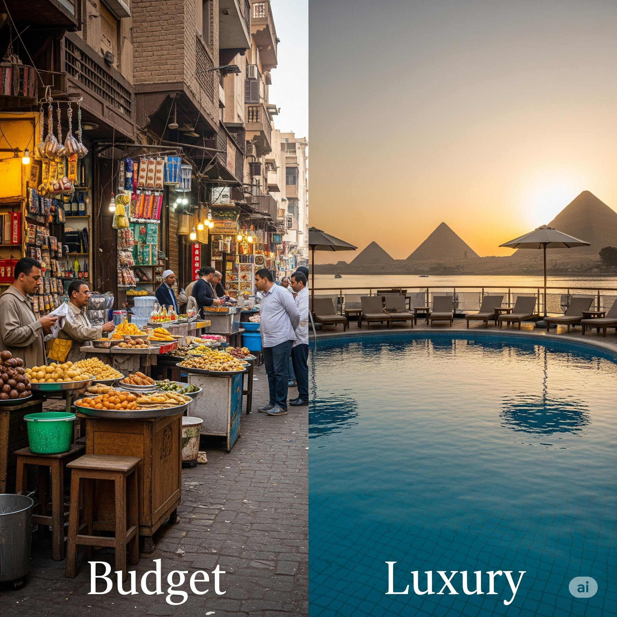 Contrasting image showing a lively Egyptian market (budget travel) on one side and a luxurious Nile cruise or hotel (luxury travel) on the other, illustrating Budget vs Luxury Egypt Travel experiences.